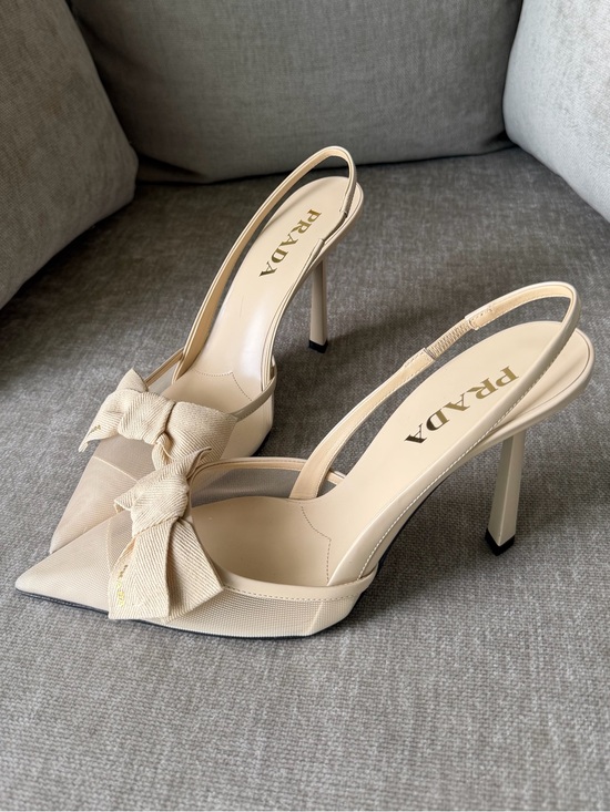 Prada Shoes - Prada Cream Pointed Bow Slingback Pumps